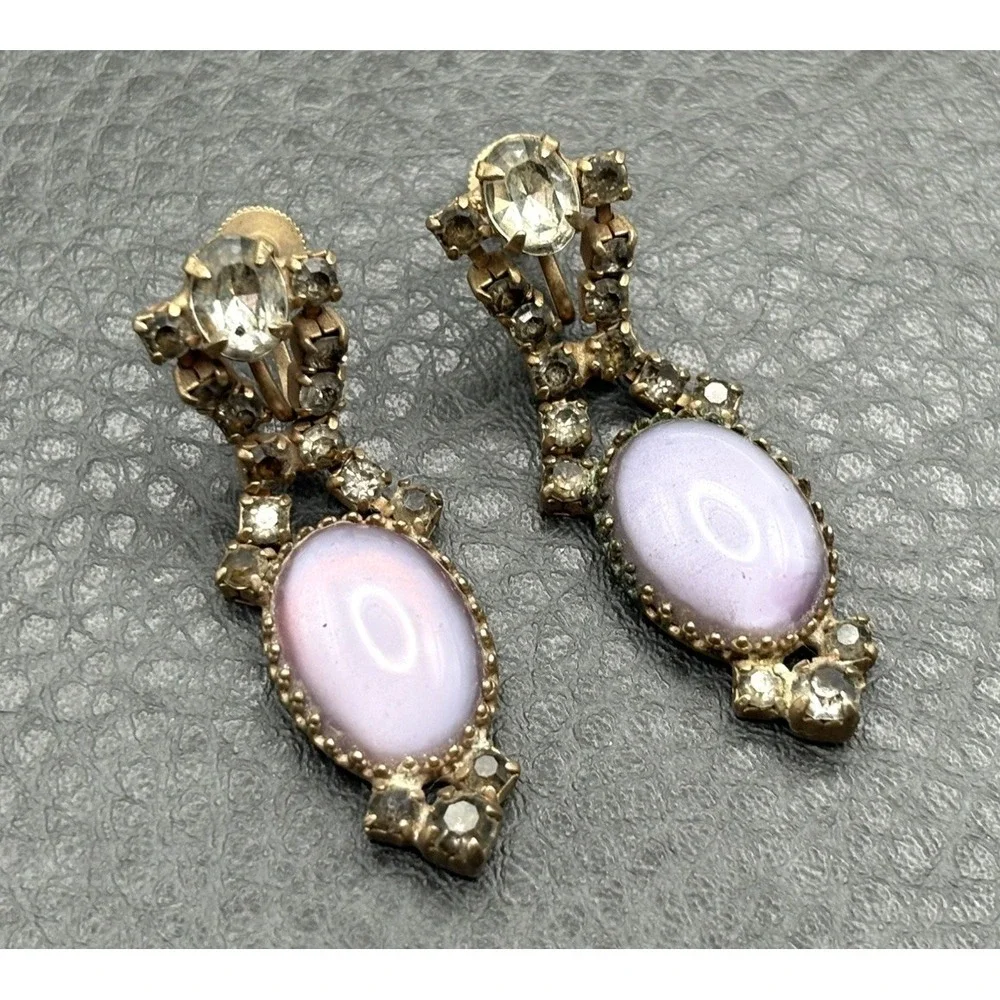 Vintage Czech Style Prong Set Lavender Milk Glass Rhinestone Screw Back Earrings